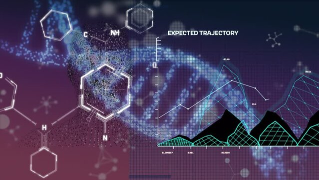Animation of chemical formulas, dna and data processing on purple background