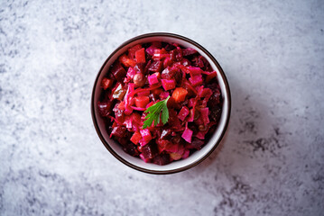 Beet potatoes green peas carrots pickled cucumbers salad