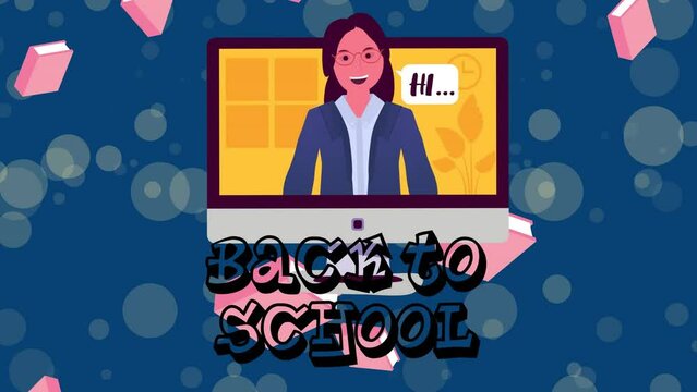 Animation of back to school and teacher on screen on blue background