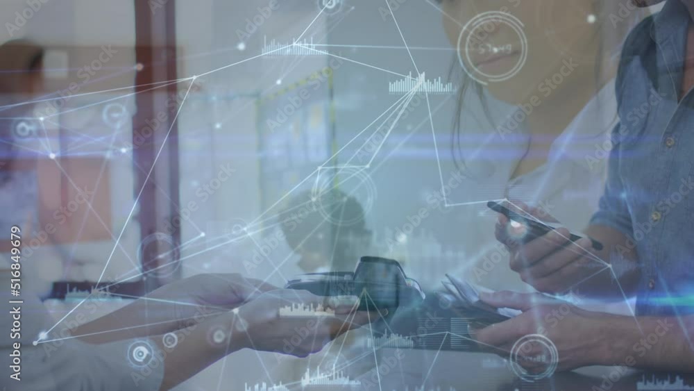 Aufkleber animation of biological data on digital screen over hands of people using payment terminal