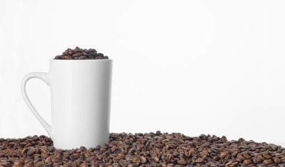 Cup of Coffee Beans on Fresh Coffee Beans Background with copy space