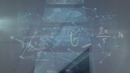 Animation of biological data on digital screen over math formulas and diverse doctors running - Powered by Adobe