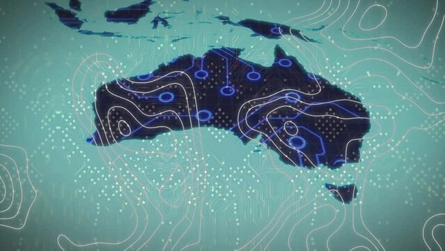 Animation of integrated circuit over world map and isohypses