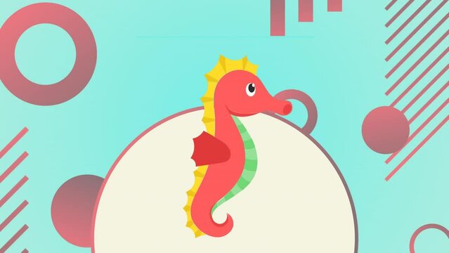 Animation of sea horse over green background with shapes
