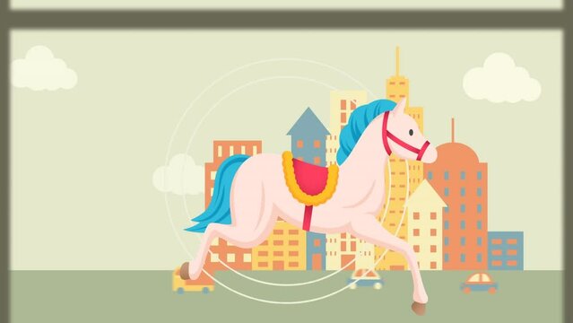 Animation of rocking horse over building and tape reel