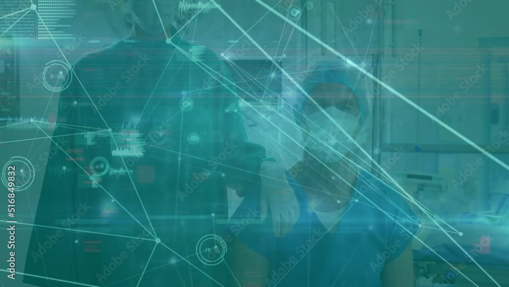 Poster animation of data processing over caucasian surgeons with face masks