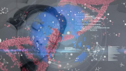 Animation of dna strand and data processing over caucasian woman sleeping - Powered by Adobe