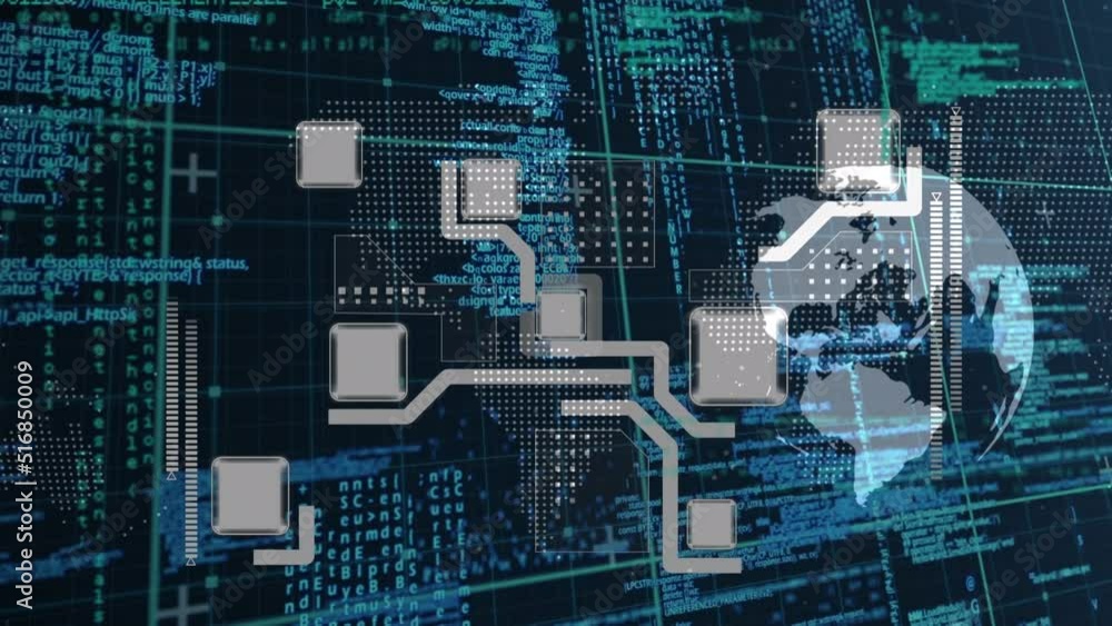 Poster animation of globe and computer circuit board over data processing
