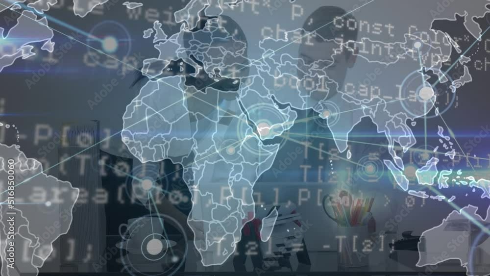 Poster animation of world map with data processing over diverse business people in office