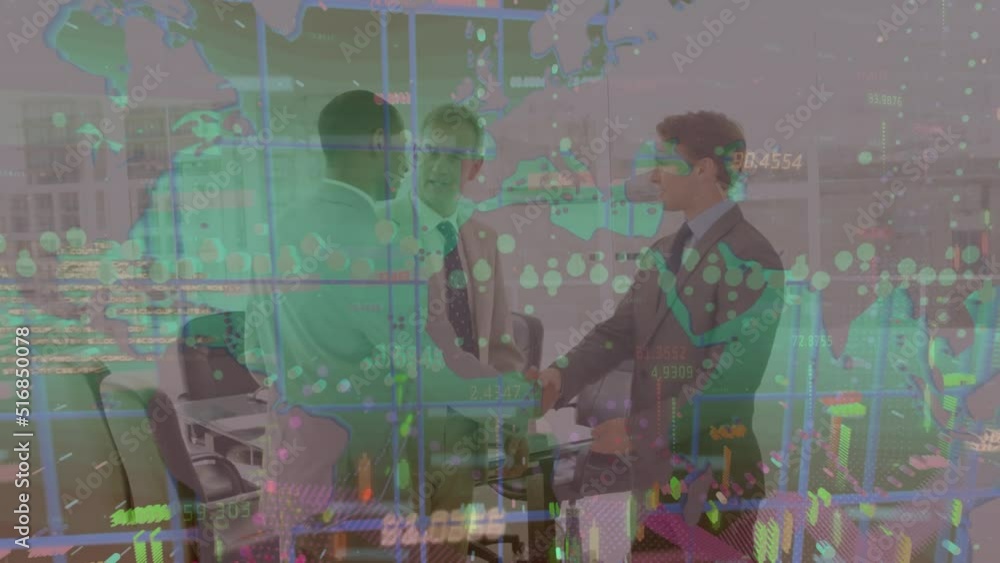 Poster animation of world map with data processing over diverse business people in office