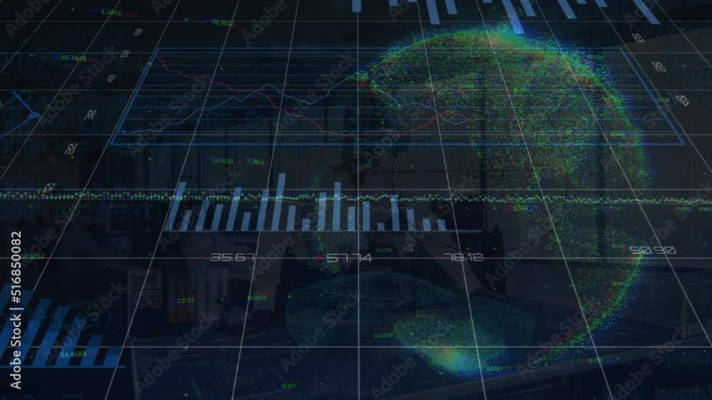 Poster animation of globe with data processing over caucasian businessman using vr headset