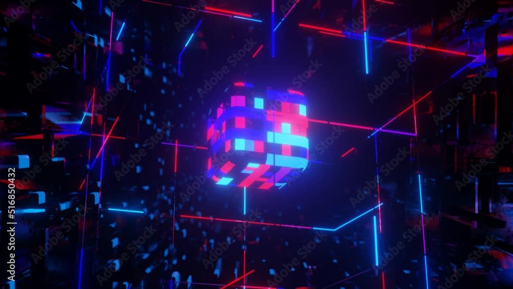 Poster 3d object or structure rotates and moves inside glass mirror tunnel with neon light, bright reflecti