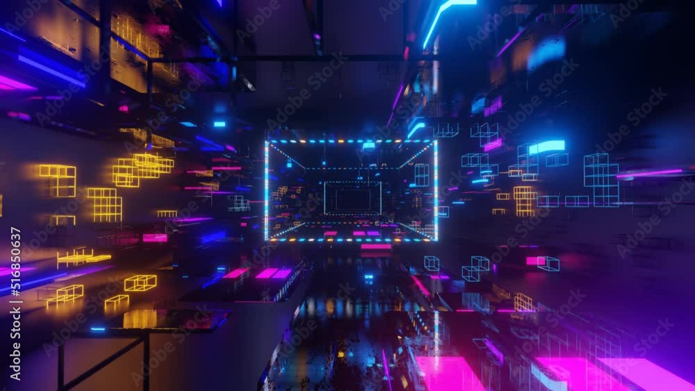 Poster abstract frames and boxes. fly through technology cyberspace with neon glow. sci-fi flight through h