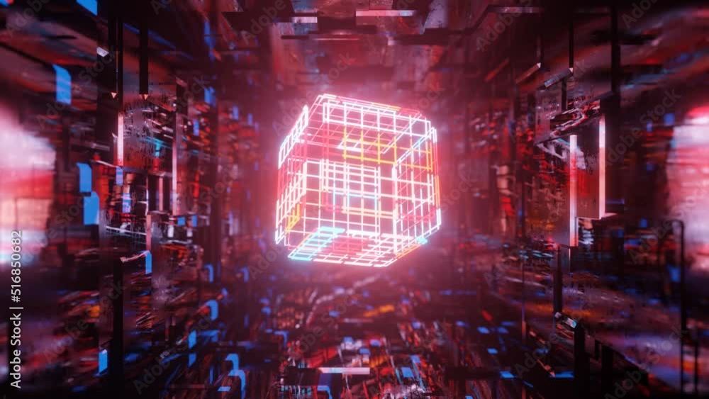 Poster 3d object or structure rotates and moves inside glass mirror tunnel with neon light, bright reflecti