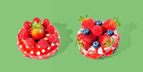 White donut with glaze on green pastel background