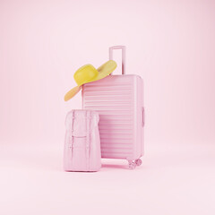 Suitcase, bag and yellow hat on a pink pastel background. Travel concept. Minimalistic 3d art.