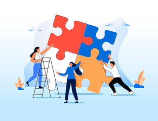 Business concept. Team metaphor Office Worker. People connecting puzzle elements. Vector illustration flat design style