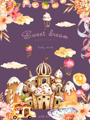 Sweet land watercolor illustration, wonderland. Cartoon fantasy candy houses and fairy tale sweet castles. Chocolate, gingerbread and ice cream watercolor set. Dessert homes with cream,hot air balloon - 516851262
