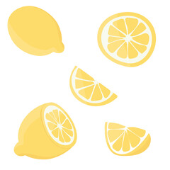 Set with lemons. Citrus cutting into slices, slices, circles. Ripe fresh lemons on a tree branch.