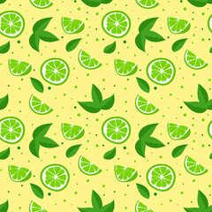 Lime with green leaves, a slice of citrus fruits on a yellow background. Seamless tropical pattern