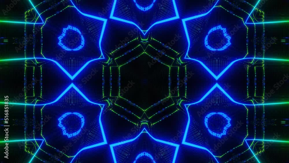 Poster symmetrical pattern. 4k neon kaleidoscope seamless looped background with glow neon lines and mirror