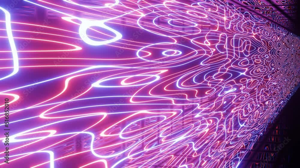 Poster Hi-tech neon sci-fi tunel. Trendy neon glow lines form pattern and construction in mirror tunnel. Fly through technology cyberspace. Glow lines form sci-fi pattern. 3d looped seamless 4k bg.