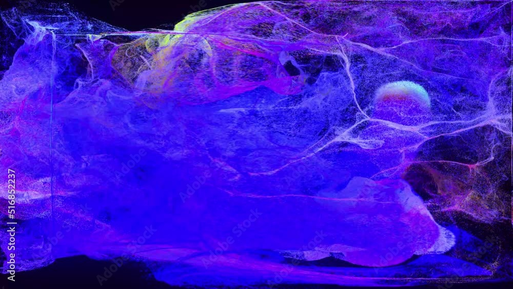 Poster glow particles spread in camera like ink effect. emitter ball emit swirl of glow particles form ligh