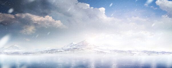 Winter Mountains landscape with ice and hills. Snowfall. Panorama. Beautiful ice background....