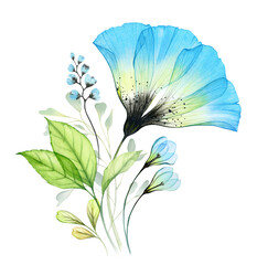 Watercolor bouquet with big blue anemone and snowdrops. Abstract composition with turquoise transparent flowers and green leaves. Hand painted vibrant illustration