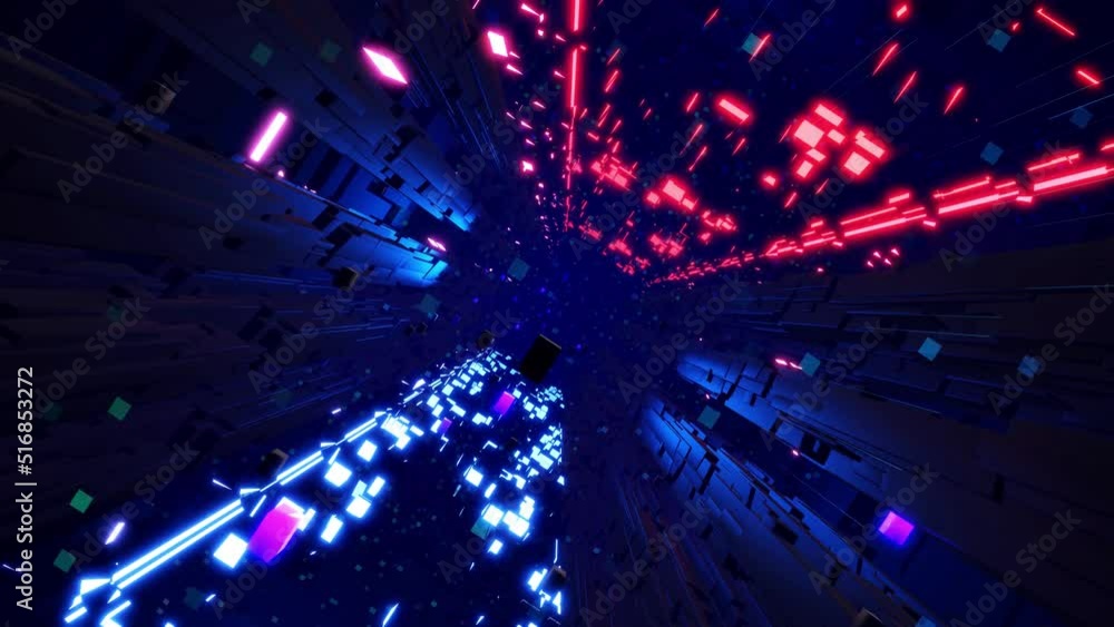 Poster information technology concept. blue dark sci fi bg fly through tech digital space like in tunnel ne