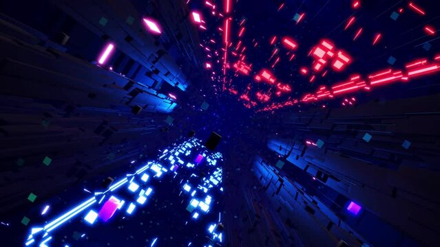 Information Technology concept. Blue dark sci fi bg fly through tech digital space like in tunnel neon light. Hi-tech information flow in blockchain or bigdata. 3d looped bg motion design. Space scene