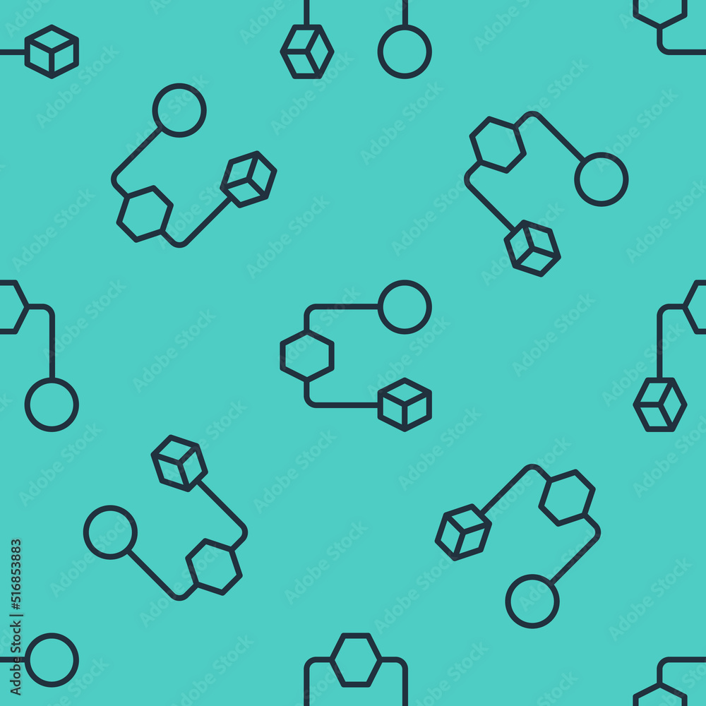 Poster Black line Isometric cube icon isolated seamless pattern on green background. Geometric cubes solid icon. 3D square sign. Box symbol. Vector