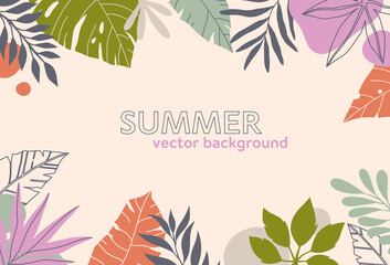 Fototapeta na wymiar Summer vector illustration in trendy flat style with copy space for text.Abstract background with tropical leaves and plants.Exotic banner for covers,social media,posters,prints.Cover design template.