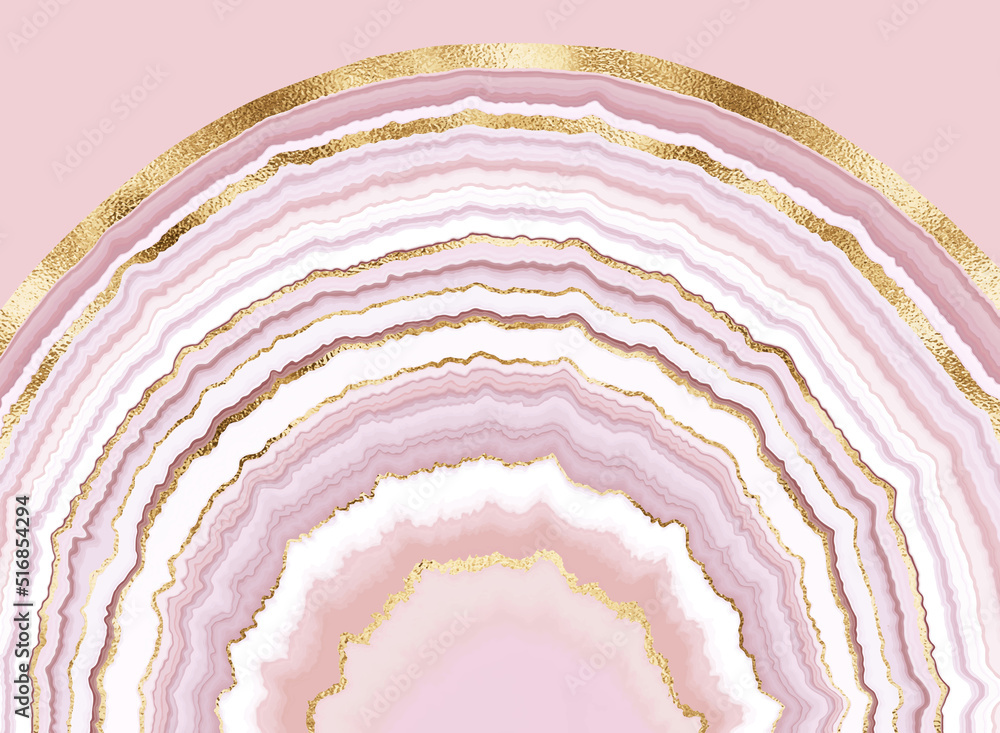 Wall mural Agate crystal wall art print with mineral texture and gold border isolated on pink background.