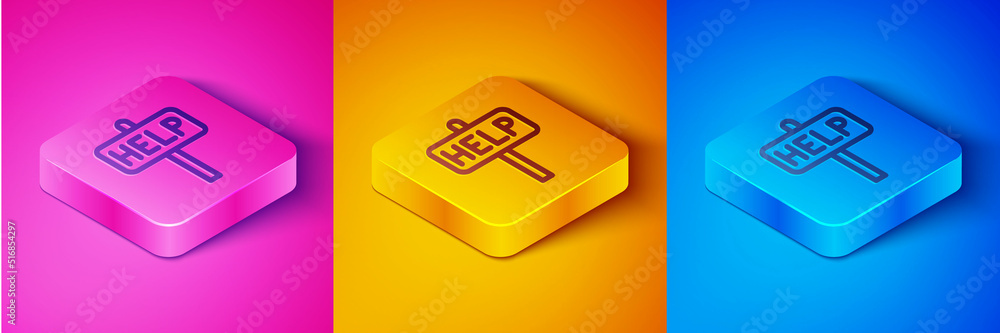 Poster isometric line ask for help text icon isolated on pink and orange, blue background. square button. v