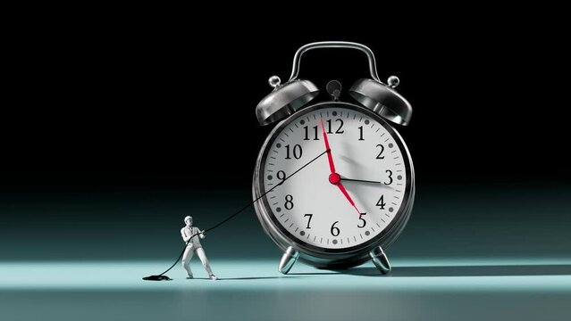 A businessman tries to stop time on an alarm clock. A man pushes back hour arrow