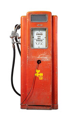 Isolation of old red petrol gasoline pump with 25c gas on dials