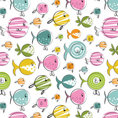 Fish seamless repeating pattern for kids apparel, paper, decor, background, scrapbooking and more. Vector illustration. Pastel colors. Summer print.