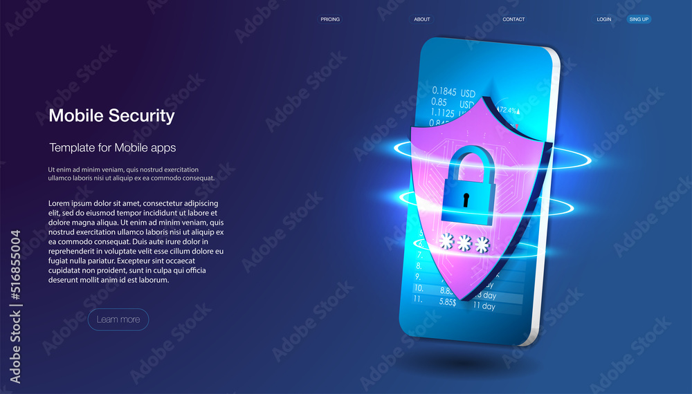 Poster smartphone with protection shield on screen, lock shield with security cyber technology security and