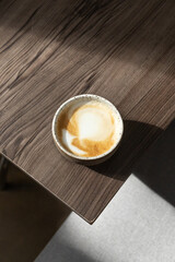 handmade cup with cappuccino coffee served