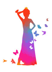 Multicolored silhouette of a girl with butterflies. Vector illustration