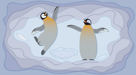Paper-cut  style. Original graphic wallpapers in light colors. Two king penguins among the ice and snow.