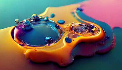 Liquid stains of acrylic paints, color mixing. Abstract colorful multicolor background for creativity. 3D illustration.
