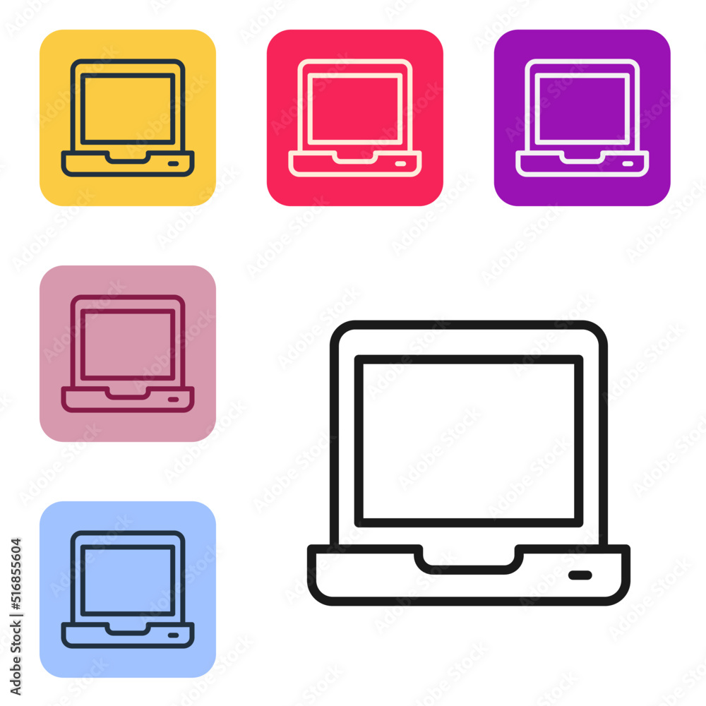 Poster black line laptop icon isolated on white background. computer notebook with empty screen sign. set i