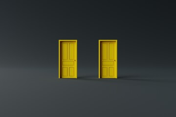 Two closed doors on the background. The concept of making decisions, entering new places, crossing borders. 3d render, 3d illustration