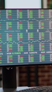 Vertical video: Young investor working on computer with real time stock charts, following trade market sales trend. Financial analyst using forex exchange statistics to plan data analysis, index