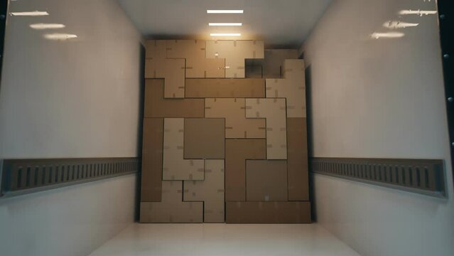 Packages arrange in a delivery truck like a puzzle game. Ready for shipment 4KHD
