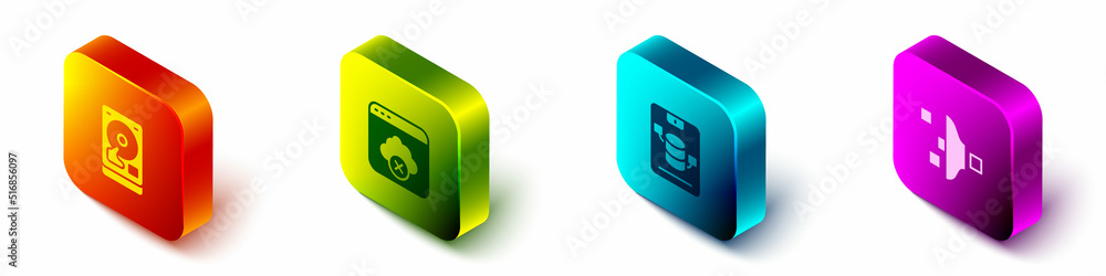 Poster set isometric hard disk drive hdd, failed access cloud storage, server, data, web hosting and filter