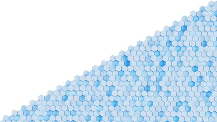 Abstract background with waves made of soft blue futuristic honeycomb mosaic geometry primitive forms that goes up and down under white back-lighting. 3D illustration. 3D CG. High resolution.
