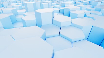 Abstract background with waves made of soft blue futuristic honeycomb mosaic geometry primitive forms that goes up and down under white back-lighting. 3D illustration. 3D CG. High resolution.